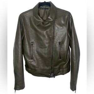 T TAHARI Olive Green Moto Jacket Faux Leather M NWT